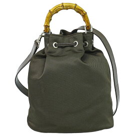 本物 グッチ GUCCI バンブー 巾着 2WAY ショルダーバッグ ハンドバッグ ナイロン カーキ Bamboo バッグ 中古・
