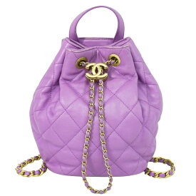 本物 シャネル CHANEL ココマーク マトラッセ 巾着 チェーン リュックサック バックパック ラムスキン レザー パープル Matelasse バッグ 中古・