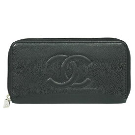 本物 シャネル CHANEL ココマーク ラウンドファスナー 長財布 ロングウォレット キャビアスキン レザー ブラック Coco Mark 財布 ウォレット 中古・