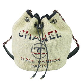 本物 シャネル CHANEL ドーヴィル ココマーク チェーン 巾着 ショルダーバッグ ポシェット キャンバス ベージュ Deauville バッグ 中古・