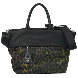 本物 プラダ PRADA レオパード柄 2WAY ショルダーバッグ トートバッグ ハンドバッグ ナイロン カーキ ブラック バッグ 中古・