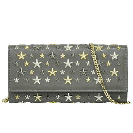 本物 ジミーチュウ JIMMY CHOO スタースタッズ チェーン ショルダーウォレット 長財布 ポシェット レザー グレー 財布 ウォレット 中古・