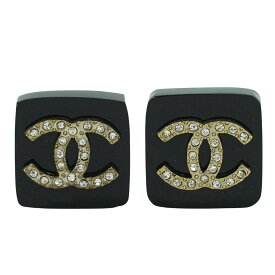 本物 シャネル CHANEL ココマーク ラインストーン イヤリング プラスチック GP ゴールド メッキ ブラック アクセサリー ジュエリー 中古・