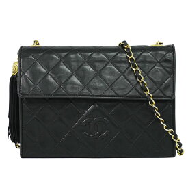 本物 シャネル CHANEL ココマーク マトラッセ タッセル チェーン ショルダーバッグ ラムスキン レザー ブラック Matelasse バッグ 中古・