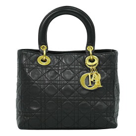本物 クリスチャン ディオール Christian Dior レディディオール カナージュ ハンドバッグ レザー ブラック Lady Dior バッグ 中古・