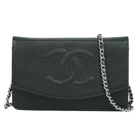本物 シャネル CHANEL ココマーク チェーン ショルダーウォレット 長財布 キャビアスキン レザー ブラック Coco Mark 財布 ウォレット 中古・