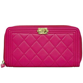 本物 シャネル CHANEL ボーイシャネル ココマーク ラウンドファスナー 長財布 ロングウォレット ラムスキン レザー ピンク 財布 ウォレット 中古・