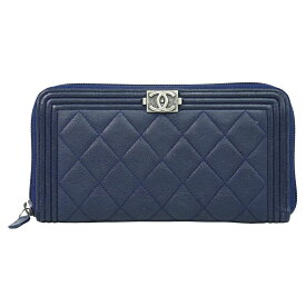 本物 シャネル CHANEL ボーイシャネル ココマーク マトラッセ ラウンドファスナー 長財布 ロングウォレット ラムスキン レザー ネイビー 財布 ウォレット 中古・