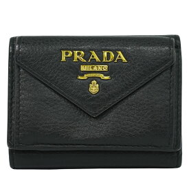 本物 プラダ PRADA レザー 三つ折り 折財布 コンパクトウォレット ブラック 財布 ウォレット 中古・