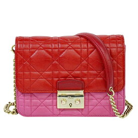 本物 クリスチャン ディオール Christian Dior カナージュ チェーン ショルダーバッグ ポシェット レザー レッド ピンク バッグ 中古・