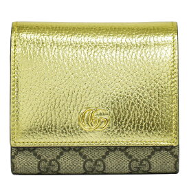 本物 グッチ GUCCI GGマーモント GGスプリーム レザー 二つ折り 折財布 コンパクトウォレット ベージュ ゴールド 598587 財布 ウォレット 中古・