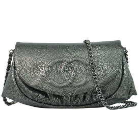 本物 シャネル CHANEL ココマーク ハーフムーン チェーン ショルダーウォレット 長財布 キャビアスキン レザー グレー 財布 ウォレット 中古・