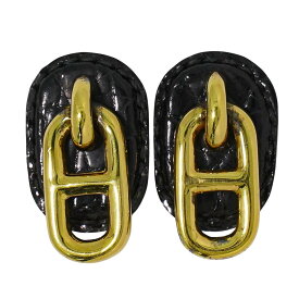 本物 エルメス HERMES シェーヌダンクル イヤリング GP ゴールド メッキ レザー ブラック アクセサリー ジュエリー 中古・
