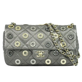 本物 シャネル CHANEL マトラッセ シングルフラップ ラインストーン チェーン ショルダーバッグ レザー メタリックグレー バッグ 中古・