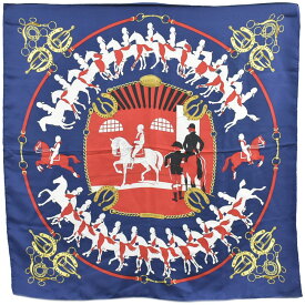 本物 エルメス HERMES スカーフカレ カレ90 MANÈGE 馬と騎士 スカーフ ショール シルク ネイビー レッド 服飾小物 中古・