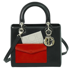 本物 クリスチャン ディオール Christian Dior レディディオール カナージュ 2WAY ショルダーバッグ レザー ブラック レッド グレー バッグ 中古・