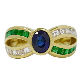 本物 サファイア 1.35ct エメラルド 0.75ct ダイヤモンド 0.63ct K18 YG リング 指輪 12号 イエローゴールド ブルー グリーン アクセサリー ジュエリー 中古