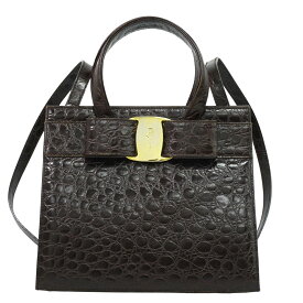本物 サルヴァトーレ フェラガモ Salvatore Ferragamo ヴァラ リボン 2WAY ショルダーバッグ ハンドバッグ クロコダイル型押し レザー ブラウン バッグ 中古・