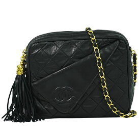 本物 シャネル CHANEL ココマーク マトラッセ タッセル チェーン ショルダーバッグ ラムスキン レザー ブラック Matelasse バッグ 中古・