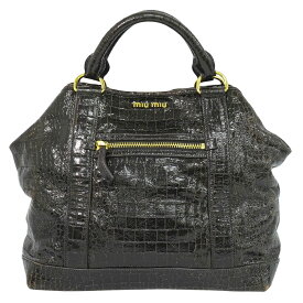 本物 ミュウミュウ MIU MIU クロコダイル型押し パテント レザー トートバッグ ハンドバッグ ブラウン バッグ 中古・