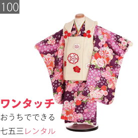 【レンタル】七五三 3歳 100サイズ 女の子 レンタル 着物 被布 紫 桜尽くしに牡丹 (6040)