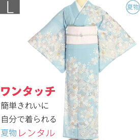 【レンタル】夏物 夏用 絽 訪問着 レンタル「Lサイズ」水色 破れ七宝 小桜夏 着物 フルセット 簡単 ワンタッチ (4528a)