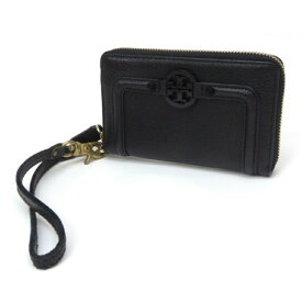 TORY BURCH 二つ折り財布 ラウンドジップ ロゴ 黒 レザー 【中古】(62542)