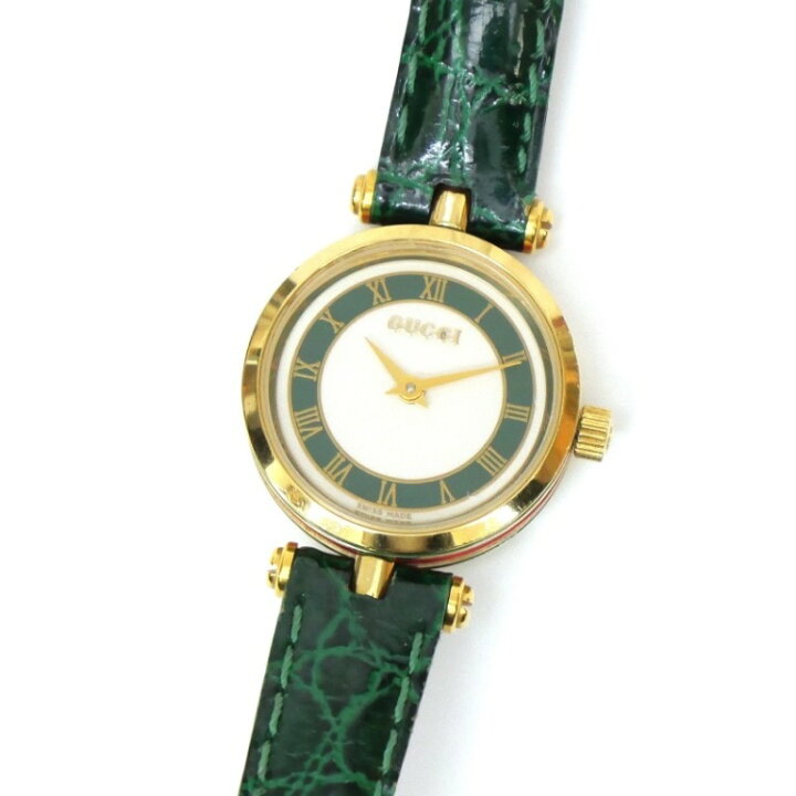 GUCCI グッチ シェリーライン 2200M レッド×グリーン文字盤 GP/革  