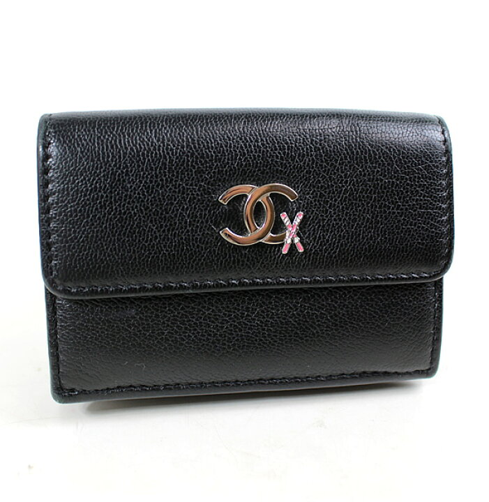 楽天市場】シャネル 三つ折り財布 美品 CHANEL ミニ財布 ブラック 黒  