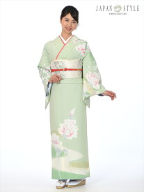 【レンタル】 JAPANSTYLE ジャパンスタイル 訪問着 レンタル 着物レンタル レンタル着物 着物 フルセット JS ブランド ママ着物 七五三 グリーン地 流水 牡丹 149cm～167cm位まで 足袋プレゼント 8AD91