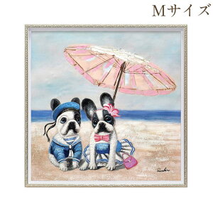【クーポンで9%OFF★ハロウィンSALE】 絵画 ハンドペイント アートパネル キャンバス 犬 オイル ペイント アート 幅63cm ビーチパラソルドッグ オシャレ クラシカル モダン