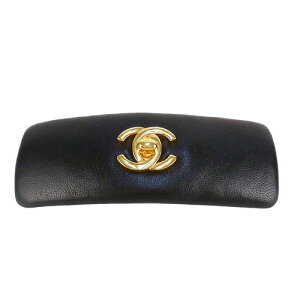 【CHANEL シャネル】美品 ココマーク レザー バレッタ ヘアクリップ ブラック×ゴールド 箱付き【中古】