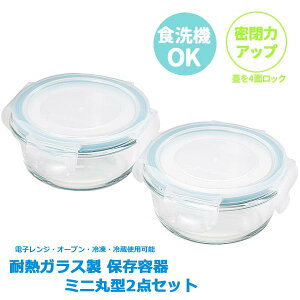 保存容器 耐熱ガラス製 ミニ丸型2点セット 電子レンジ対応 保存 容器 ガラス容器 ◆送料無料◆ 密封容器 密閉 オーブン 容器 2点セット 食洗機OK 密閉容器 フタ付 キッチン ツール アイテム