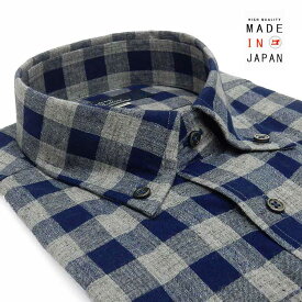 [FATTURA]　長袖ワイシャツ　紺×グレー/チェック　ボタンダウン　綿麻　日本製　メンズドレスシャツ　FT33-420210-2