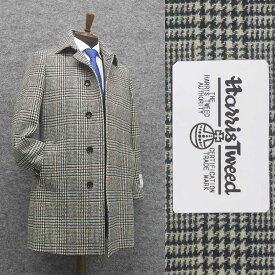 英国生地　[Harris Tweed]ハリスツイード　ステンカラーコート　白紺系チェック　シングル4釦　秋冬物　HTC-S11