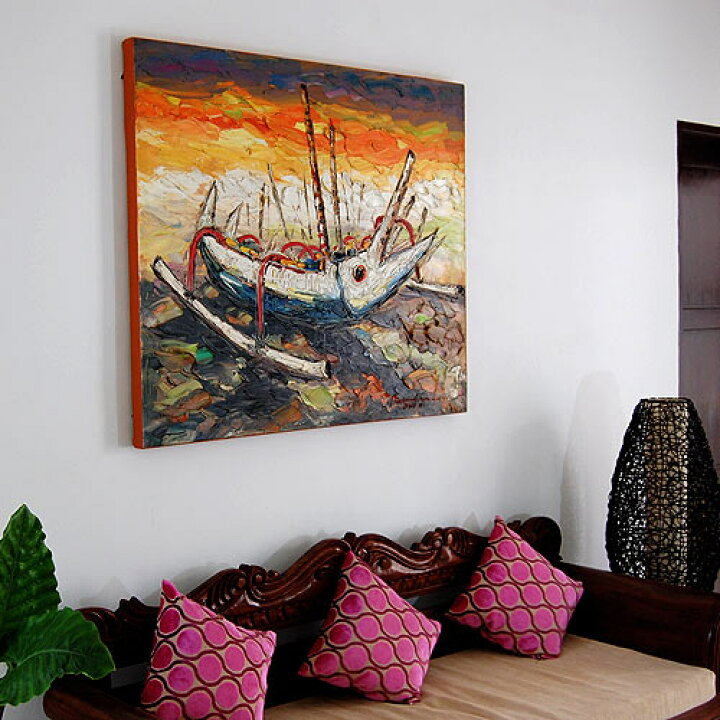 楽天市場 バリアート 絵画 アートパネル モダンアート 壁掛け モダン アジアン 北欧 インテリア バリ リゾート おしゃれ 玄関 リビング ダイニング 寝室 アジアン雑貨 大型絵画 抽象画 船 バリ絵画o3 油絵100cm 1cm おしゃれ照明のアイランドスタイル