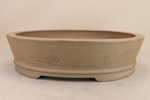 送料無料【盆栽鉢】 時代鉢 新渡 山水浮文楕円鉢(大型サイズ / 石ハゼ有)いよじ園