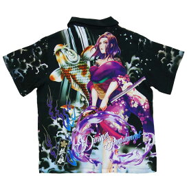 【ポイント5倍】抜刀娘 一華 和柄 アロハ シャツ メンズ 黒 col25 222894