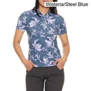 (���) �`���[�X ���f�B�[�X �v�����e�b�h �|�� �V���c - Upf 50�ȏ�, �V���[�g �X���[�u KJUS women Enya Printed Polo Shirt - UPF 50+, Short Sleeve Wisteria/Steel Blue