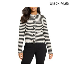 (���) �j�b�N+�]�[�C �X�g���C�v�t�����W�~�b�N�X�t�F���j�b�g�W���P�b�g nic+zoe Striped Fringe Mix Femme Knit Jacket