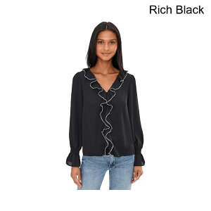 (���) �Z�Z �R���g���X�g���b�t���g���������O�X���[�uV�l�b�N�g�b�v cece Contrast Ruffle Trim Long Sleeve V-Neck Top