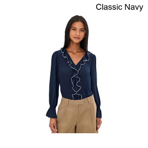 (���) �Z�Z �R���g���X�g���b�t���g���������O�X���[�uV�l�b�N�g�b�v cece Contrast Ruffle Trim Long Sleeve V-Neck Top