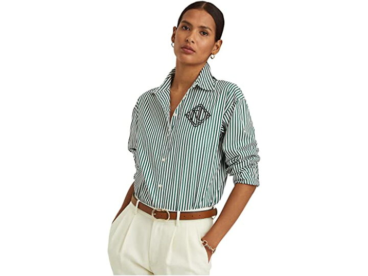 楽天市場 取寄 ローレン ラルフローレン レディース ストライプド ロゴ コットン ブロード シャツ Lauren Ralph Lauren Women S Striped Logo Cotton Broadcloth Shirt Green White ジェットラグ楽天市場店