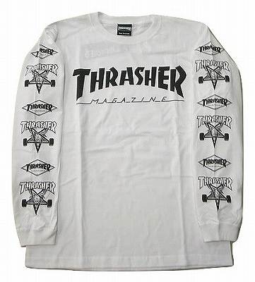 THRASHER 世界の人気ブランド スラッシャー MULTI-C L 人気海外一番 S ロンT ロングスリーブ ゴートダイヤロゴスリーブマルチプリント 白