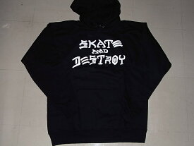 USA直輸入　THRASHER　スラッシャー　SKATE&DESTROY SADロゴ　プルオーバーフードパーカー　黒x白