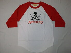 ANTIHERO アンタイヒーロー スモールスカル ラグラン七分袖Tシャツ 赤x白x黒