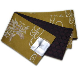 半幅帯 ロング 長尺リバーシブル細帯（金茶に花束柄）日本製 浴衣 着物 小紋 レディース 女性 和装 和服【レターパックプラスOK】