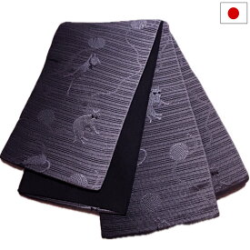 半幅帯（ネコと毛糸柄：ブラック系）日本製 ロング 長尺 リバーシブル 細帯 浴衣 着物 小紋 レディース 女性 和装 和服【メール便OK】