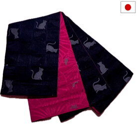 半幅帯（猫柄：黒赤）日本製 ロング 長尺 リバーシブル 細帯 浴衣 着物 小紋 レディース 女性 和装 和服【メール便OK】