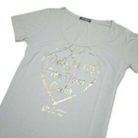 Tシャツ レディース 半袖 グレー地にハートとロゴ：ゴールド Lサイズ 【メール便OK】3枚まで可